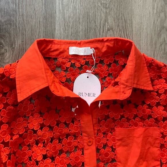 rumer capri orange floral embroidered collared sheer mini button front dress NEW - Picture 3 of 3